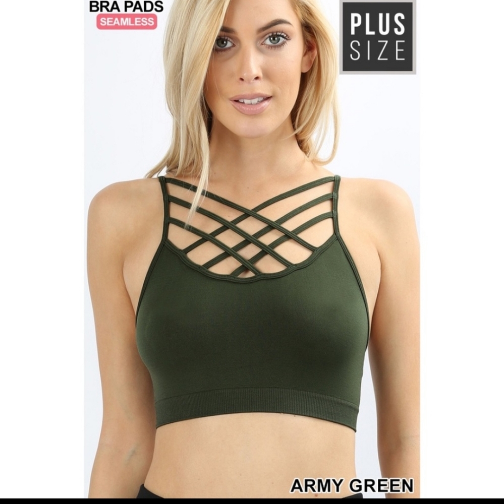 🔥NEW PLUS TRIPLE CRISS CROSS BRALETTE IN ARMY GREEN SZ 2X/3X